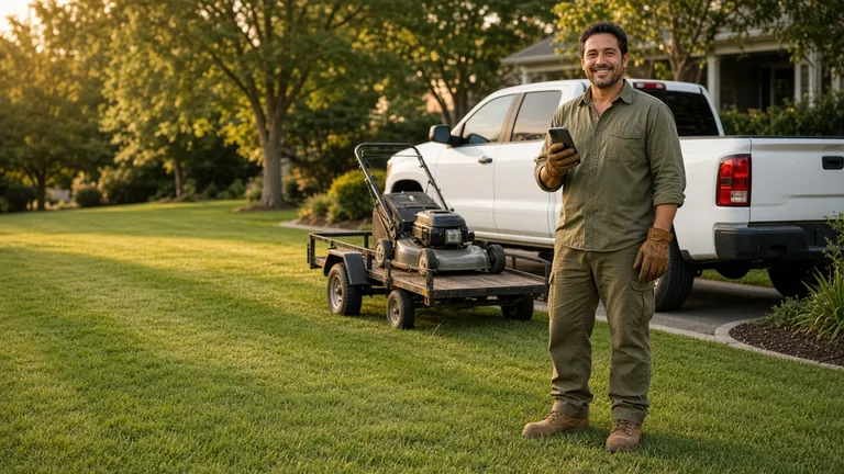 Photo of a landscaper on a client’s lawn beside his pickup truck and mower trailer, holding his phone.