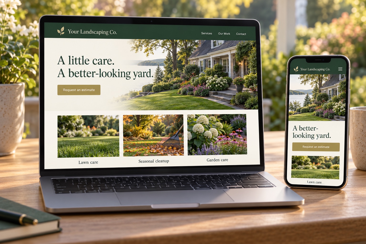 Illustrative landscaping website on a laptop and phone, with garden photography, clear service sections, and a Request an estimate button.